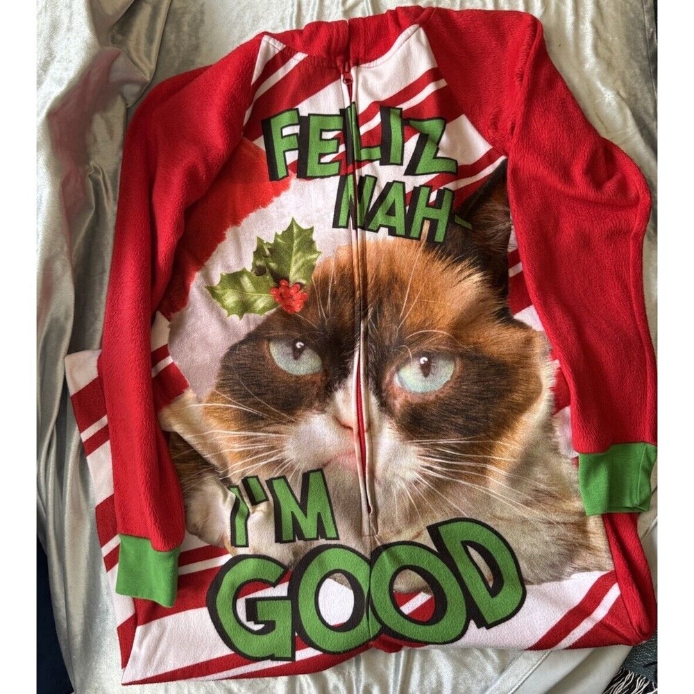 Grumpy Cat Union Suit One Piece Hooded With Bell Christmas Pajamas S 4-6